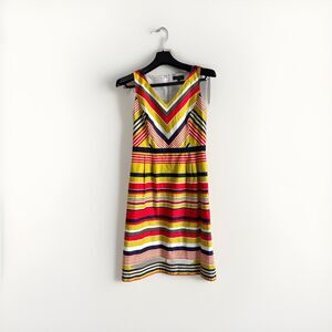 Tahari Multicolor Chevron Stripe Sleeveless Dress Yellow Navy Red V-Neck EUC 6